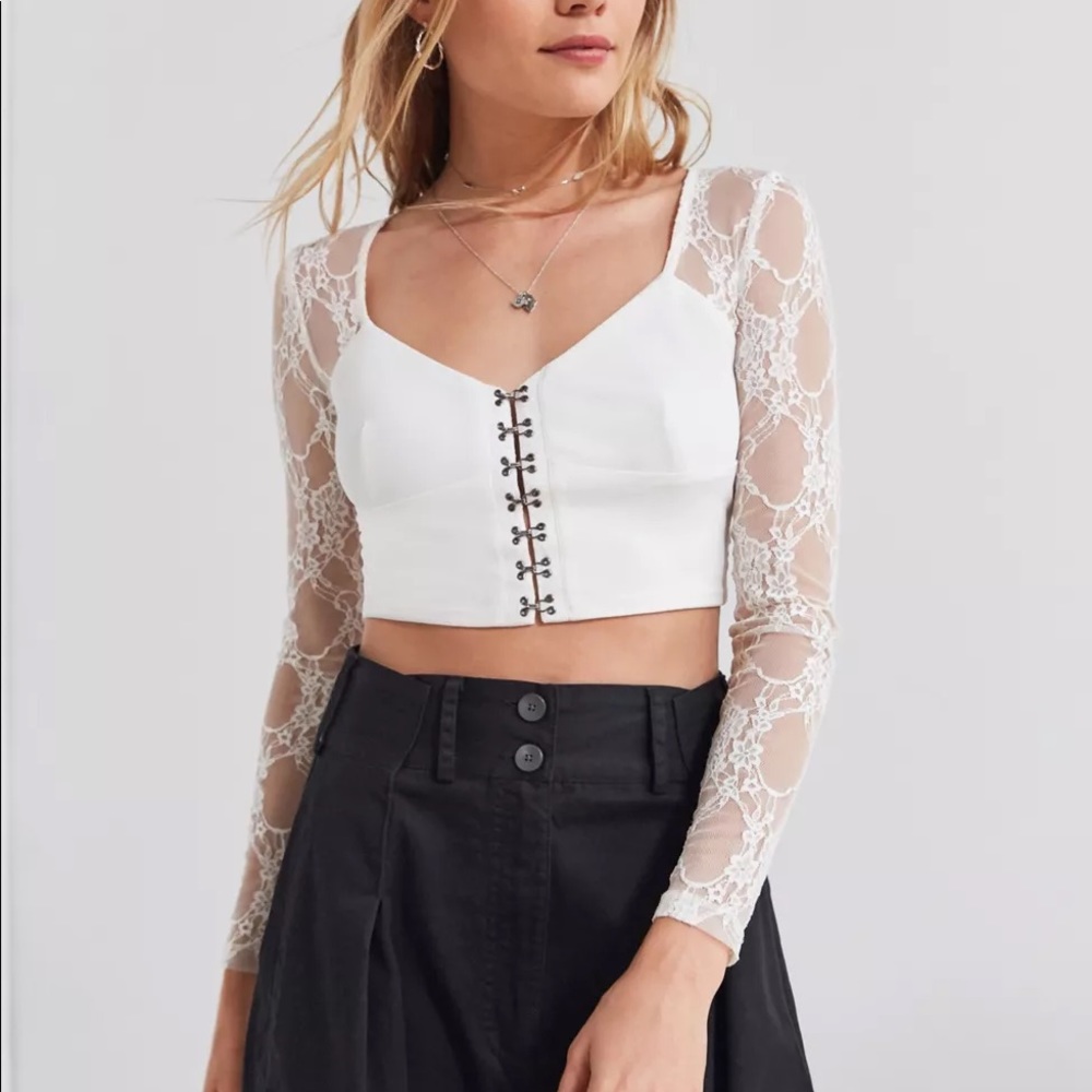 Lace bustier long sleeve cropped top